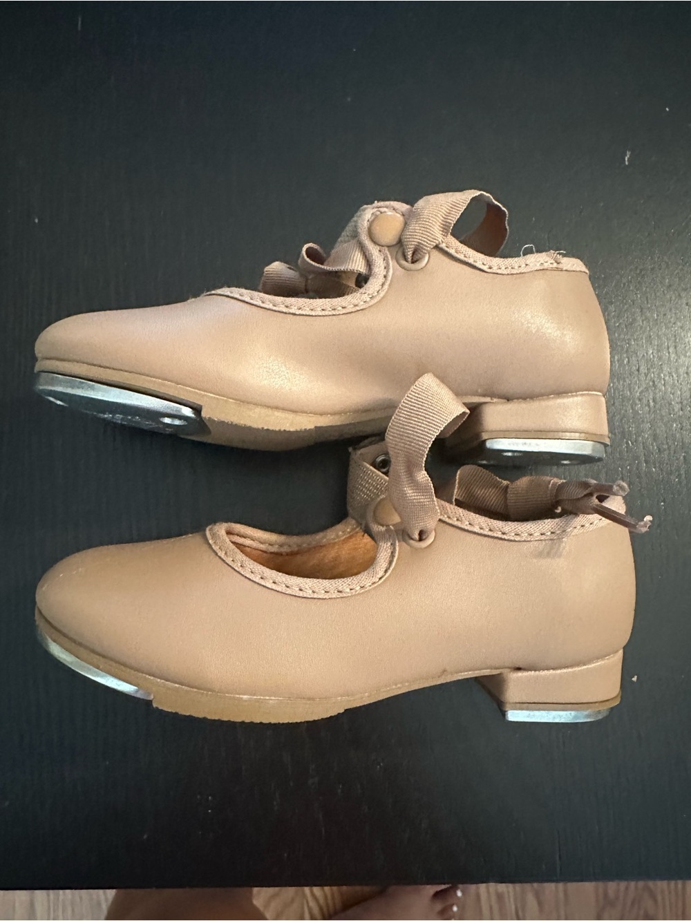 Girls Tan Tap Shoes with Ribbon Strap